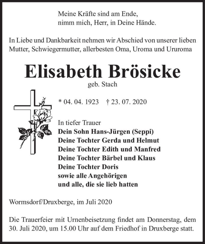  Traueranzeige für Elisabeth Brösicke (geb. Stach)  vom 28.07.2020 aus Magdeburger Volksstimme