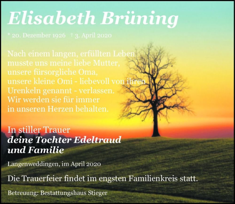  Traueranzeige für Elisabeth Brüning  vom 11.04.2020 aus Magdeburger Volksstimme