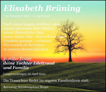 Traueranzeige von Elisabeth Brüning  von Magdeburger Volksstimme