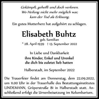 Traueranzeige von Elisabeth Buhtz (geb. Santilian)  von Magdeburger Volksstimme