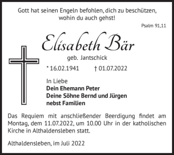 Traueranzeige von Elisabeth Bär (geb. Jantschick)  von Magdeburger Volksstimme