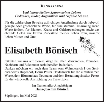 Traueranzeige von Elisabeth Bönisch  von Magdeburger Volksstimme
