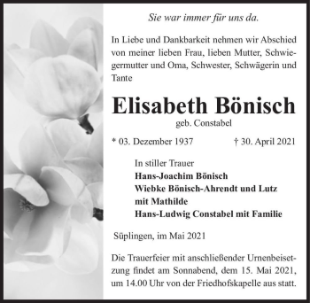 Traueranzeige von Elisabeth Bönisch (geb. Constabel)  von Magdeburger Volksstimme