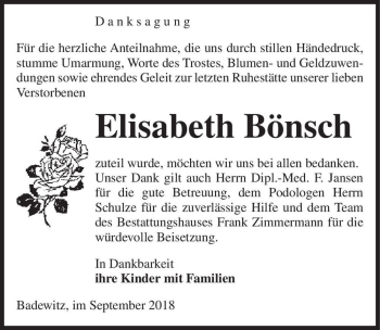Traueranzeige von Elisabeth Bönsch  von Magdeburger Volksstimme