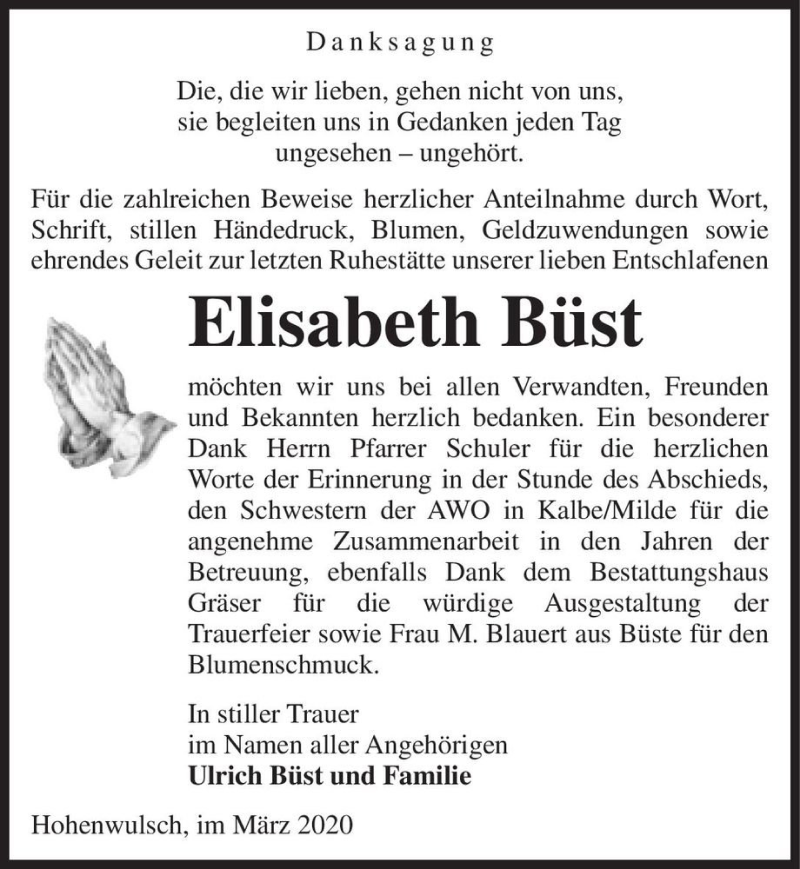  Traueranzeige für Elisabeth Büst  vom 12.03.2020 aus Magdeburger Volksstimme