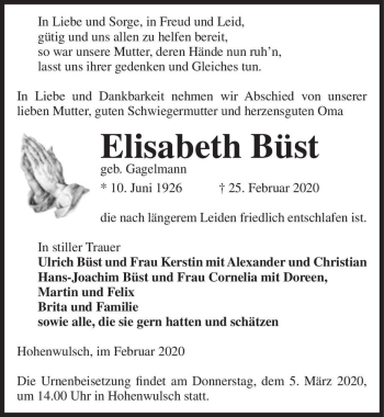 Traueranzeige von Elisabeth Büst (geb. Gagelmann)  von Magdeburger Volksstimme