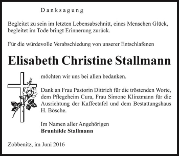 Traueranzeige von Elisabeth Christine Stallmann  von Magdeburger Volksstimme