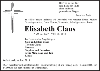 Traueranzeige von Elisabeth Claus  von Magdeburger Volksstimme