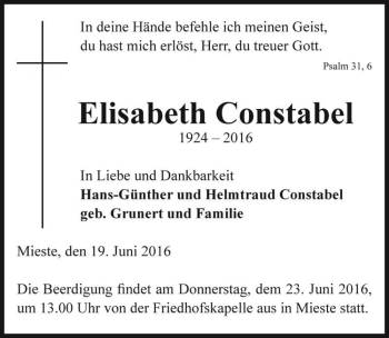 Traueranzeige von Elisabeth Constabel  von Magdeburger Volksstimme