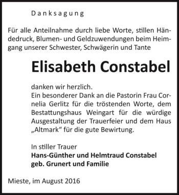 Traueranzeige von Elisabeth Constabel  von Magdeburger Volksstimme