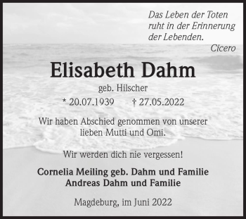 Traueranzeige von Elisabeth Dahm (geb. Hilscher)  von Magdeburger Volksstimme