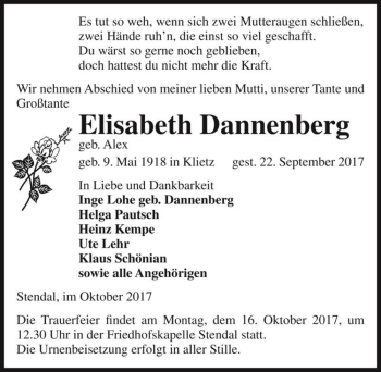 Traueranzeige von Elisabeth Dannenberg (geb. Alex)  von Magdeburger Volksstimme