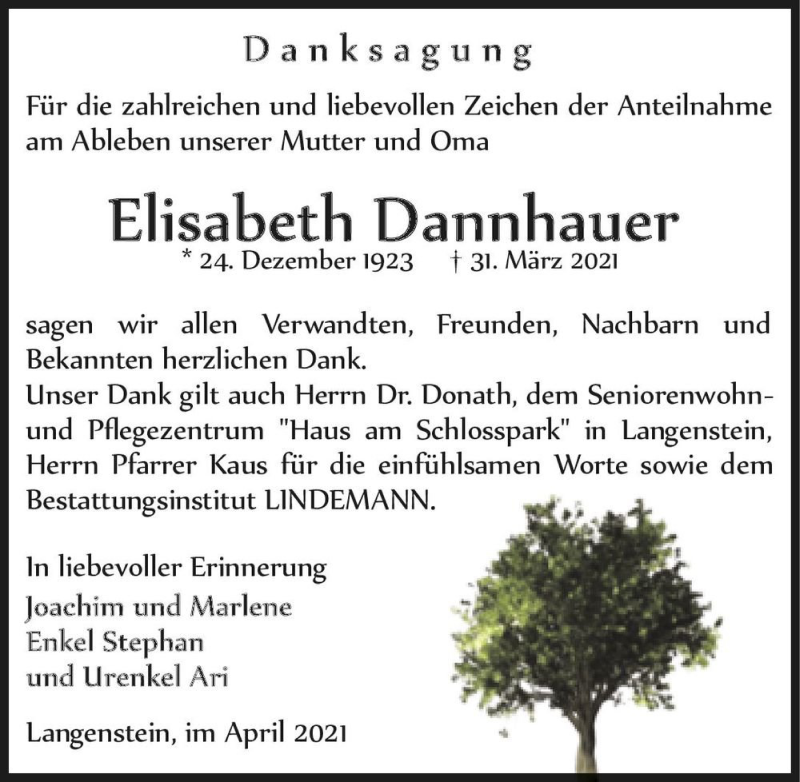  Traueranzeige für Elisabeth Dannhauer  vom 24.04.2021 aus Magdeburger Volksstimme