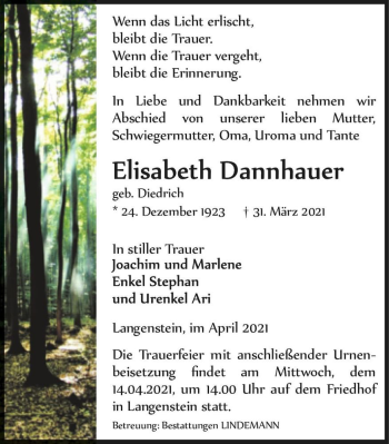Traueranzeige von Elisabeth Dannhauer (geb. Diedrich)  von Magdeburger Volksstimme