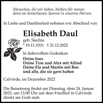 Traueranzeige von Elisabeth Daul (geb. Slechta)  von Magdeburger Volksstimme