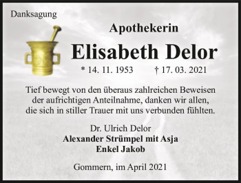 Traueranzeige von Elisabeth Delor  von Magdeburger Volksstimme
