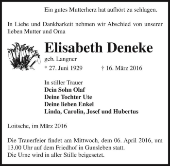 Traueranzeige von Elisabeth Deneke (geb. Langner)  von Magdeburger Volksstimme