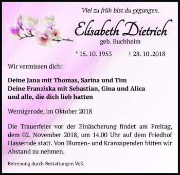 Traueranzeige von Elisabeth Dietrich (geb. Buchheim)  von Magdeburger Volksstimme