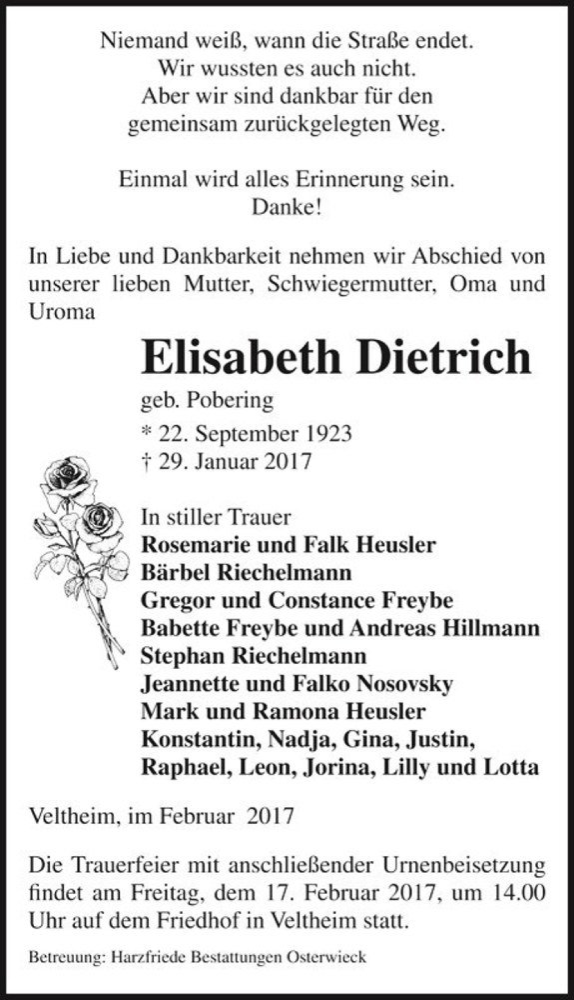 Traueranzeige für Elisabeth Dietrich (geb. Popering)  vom 04.02.2017 aus Magdeburger Volksstimme