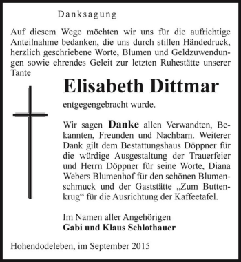 Traueranzeige von Elisabeth Dittmar  von Magdeburger Volksstimme