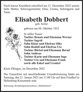 Traueranzeige von Elisabeth Dobbert (geb. Seiler)  von Magdeburger Volksstimme