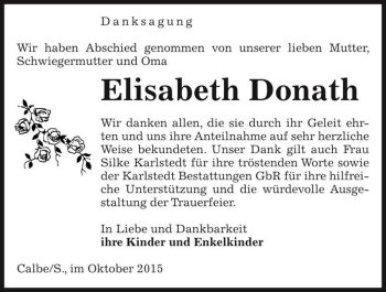 Traueranzeige von Elisabeth Donath  von Magdeburger Volksstimme