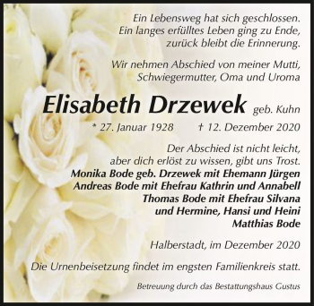 Traueranzeige von Elisabeth Drzewek (geb. Kuhn)  von Magdeburger Volksstimme