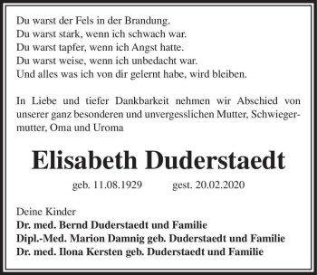 Traueranzeige von Elisabeth Duderstaedt  von Magdeburger Volksstimme