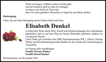 Traueranzeige von Elisabeth Dunkel  von Magdeburger Volksstimme