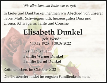 Traueranzeige von Elisabeth Dunkel (geb. Wendt)  von Magdeburger Volksstimme