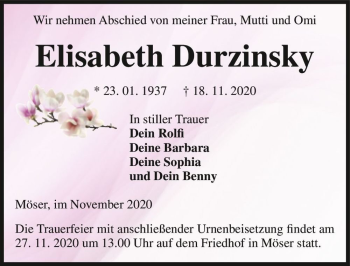 Traueranzeige von Elisabeth Durzinsky  von Magdeburger Volksstimme