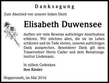 Traueranzeige von Elisabeth Duwensee  von Magdeburger Volksstimme