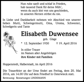 Traueranzeige von Elisabeth Duwensee (geb. Glage)  von Magdeburger Volksstimme