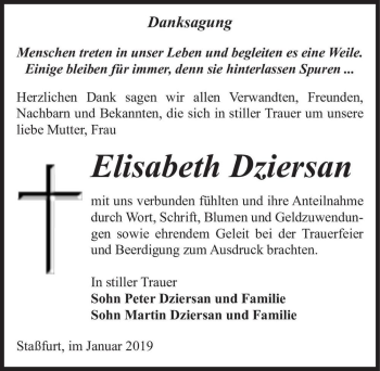 Traueranzeige von Elisabeth Dziersan  von Magdeburger Volksstimme