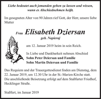 Traueranzeige von Elisabeth Dziersan (geb. Napieraj)  von Magdeburger Volksstimme