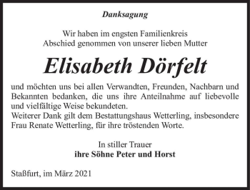 Traueranzeige von Elisabeth Dörfelt  von Magdeburger Volksstimme