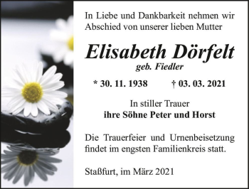 Traueranzeige von Elisabeth Dörfelt (geb. Fiedler)  von Magdeburger Volksstimme