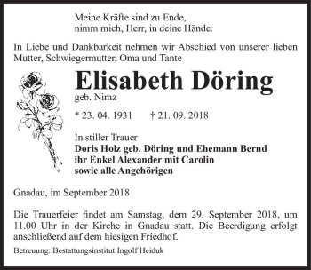 Traueranzeige von Elisabeth Döring (geb. Döring)  von Magdeburger Volksstimme