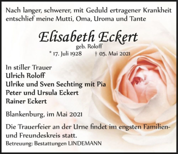 Traueranzeige von Elisabeth Eckert (geb. Roloff)  von Magdeburger Volksstimme