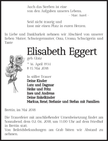 Traueranzeige von Elisabeth Eggert (geb. Glatz)  von Magdeburger Volksstimme