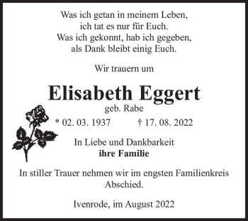 Traueranzeige von Elisabeth Eggert (geb. Rabe)  von Magdeburger Volksstimme