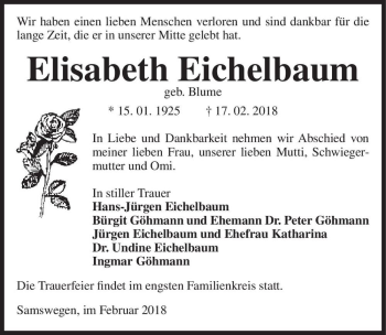 Traueranzeige von Elisabeth Eichelbaum (geb. Blume)  von Magdeburger Volksstimme