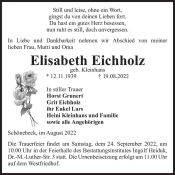 Traueranzeige von Elisabeth Eichholz (geb. Kleinhans)  von Magdeburger Volksstimme