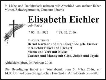 Traueranzeige von Elisabeth Eichler (geb. Paetz)  von Magdeburger Volksstimme