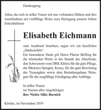 Traueranzeige von Elisabeth Eichmann  von Magdeburger Volksstimme