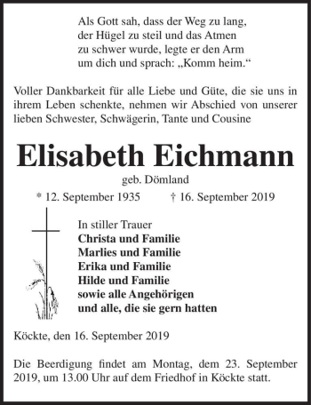 Traueranzeige von Elisabeth Eichmann (geb. Dömland)  von Magdeburger Volksstimme