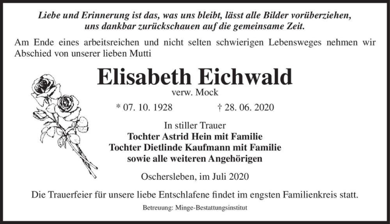  Traueranzeige für Elisabeth Eichwald (verw. Mock)  vom 03.07.2020 aus Magdeburger Volksstimme
