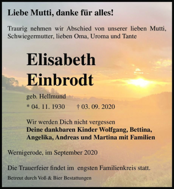 Traueranzeige von Elisabeth Einbrodt (geb. Hellmund)  von Magdeburger Volksstimme