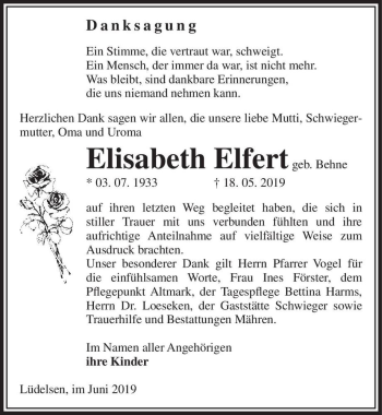 Traueranzeige von Elisabeth Elfert (geb. Behne)  von Magdeburger Volksstimme