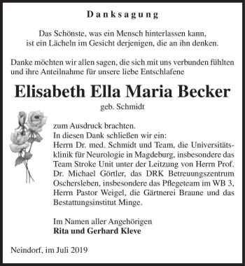 Traueranzeige von Elisabeth Ella Maria Becker (geb. Schmidt)  von Magdeburger Volksstimme